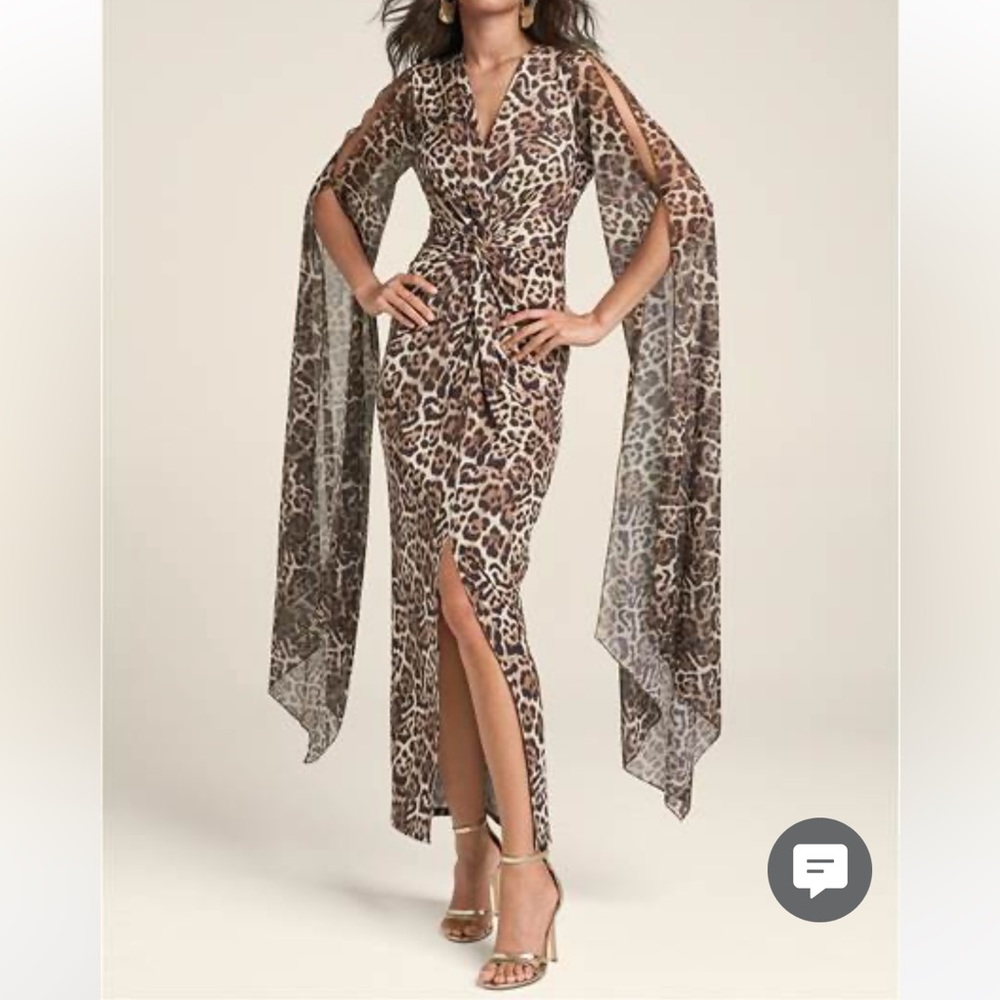 Leopard Maxi dress with long sheer draped sleeves